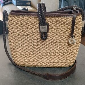Vintage Brighton Woven Straw And Leather Crossbody Bag  With Brown Braided Strap